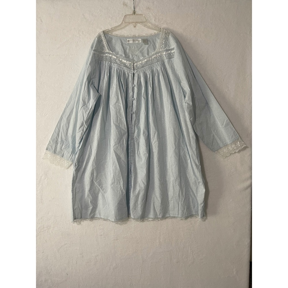 Eileen West Blue Floral Cotton Lace Cottage Nightgown Long Sleeve XL